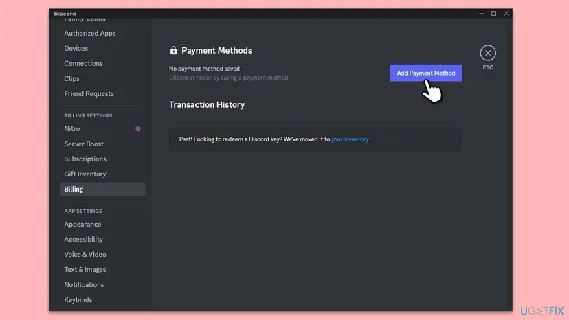 Discord User Settings on the Billing page with the heading Payment Methods, the line No payment method saved, the button Add Payment Method and the Transaction History below