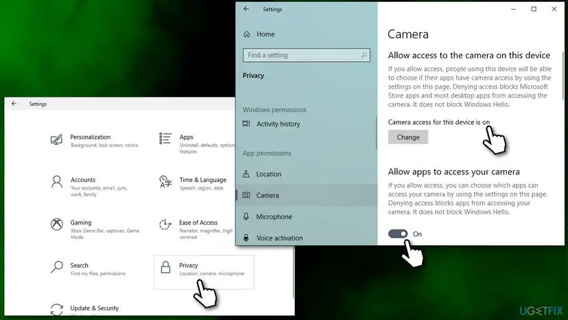 Windows Settings showing the Privacy category and the Camera permissions with the camera switches turned on