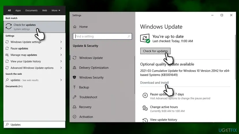 Windows Search showing Check for updates and the Windows Update settings page with the Check for updates button