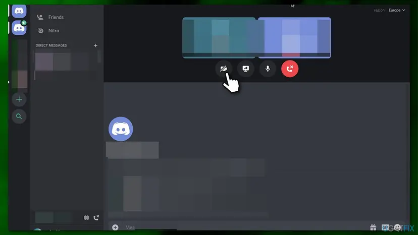 Discord video call window with the mouse pointer on the camera toggle button at the bottom of the screen