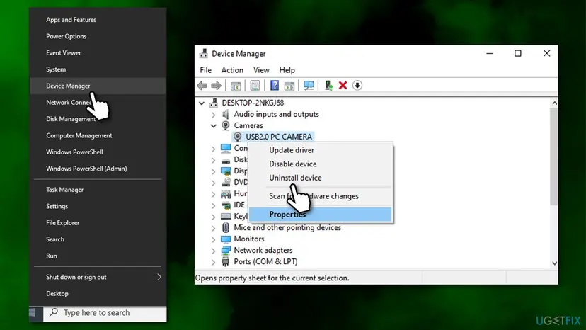 Device Manager window with a right click menu on a camera device under Cameras showing Uninstall device