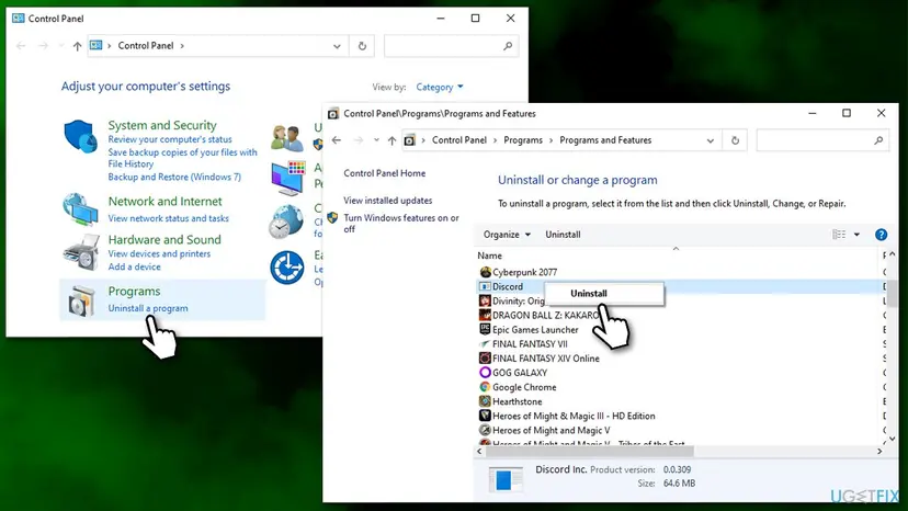 Control Panel Programs and Features window with a right click menu on Discord and Uninstall selected