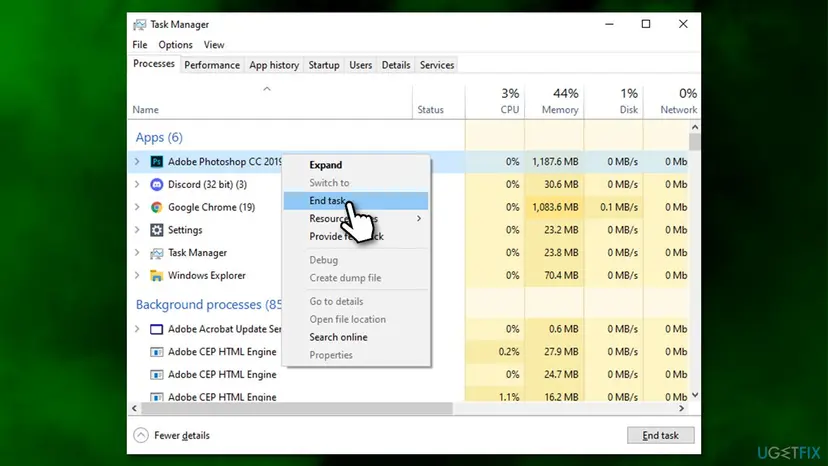 Task Manager window with a right click menu on an app and End task selected in the list of running apps
