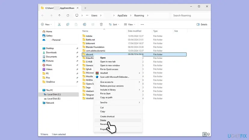 Windows File Explorer showing a context menu with Delete selected on the discord folder in AppData Roaming