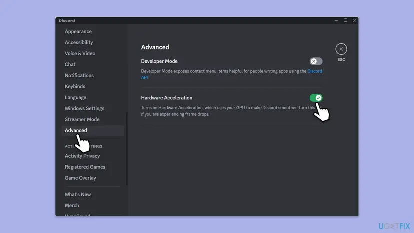 Discord Advanced settings showing the Hardware Acceleration toggle