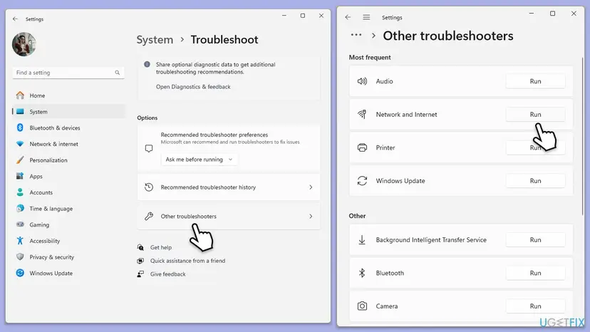 Windows 11 Settings showing Troubleshoot options and the Network and Internet troubleshooter Run button