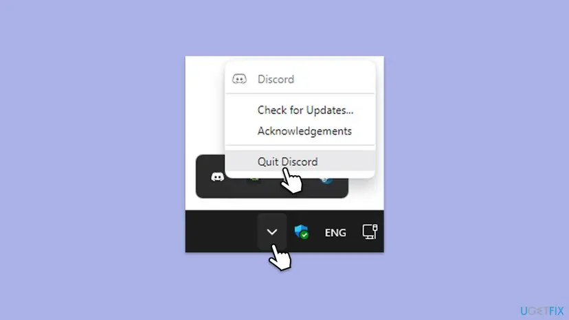 Windows system tray menu showing Quit Discord option selected