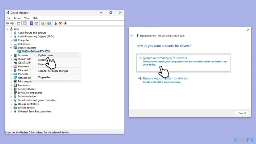Device Manager and Update Drivers window showing Search automatically for drivers option