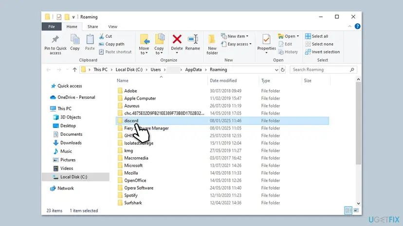 Windows File Explorer showing the discord folder selected inside AppData Roaming, where the Cache folders are