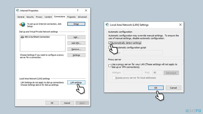 Internet Properties and Local Area Network LAN Settings windows side by side with the proxy box unchecked