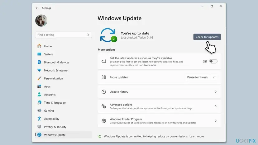 Windows Update settings page with a cursor hovering over the Check for updates button