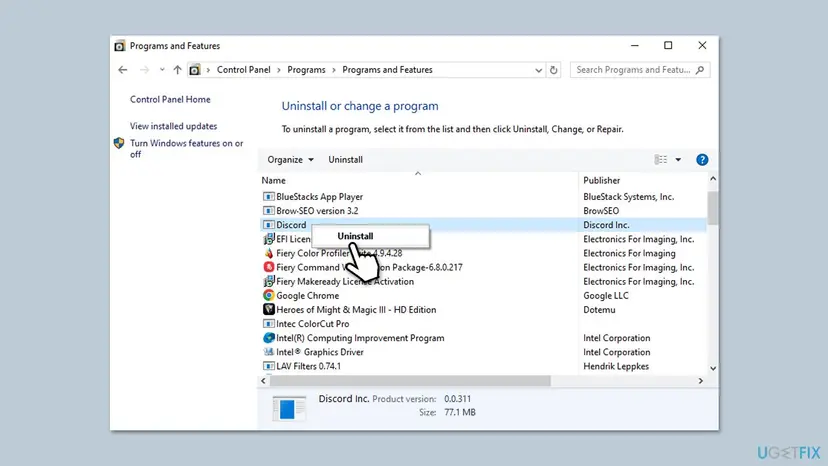 Programs and Features window with the Uninstall option selected on Discord in the list of installed programs