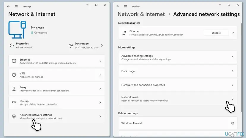 Windows Settings showing Network and internet options and the Advanced network settings page