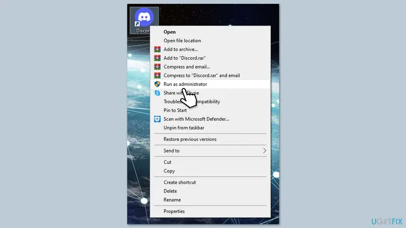 Discord shortcut context menu with Run as administrator highlighted in the list of options