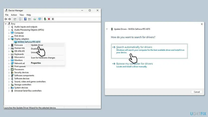 Device Manager and the Update Drivers window side by side with the display adapter selected