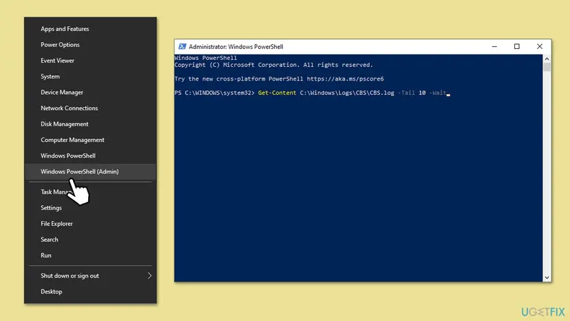 Windows 10 Win+X menu with Windows PowerShell (Admin) selected and a PowerShell window running Get-Content C:\Windows\Logs\CBS\CBS.log -Tail 10 -Wait