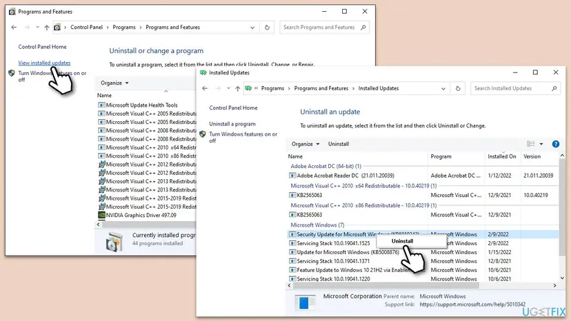 Control Panel Programs and Features with View installed updates, and the Installed Updates list with Uninstall on a Security Update for Microsoft Windows