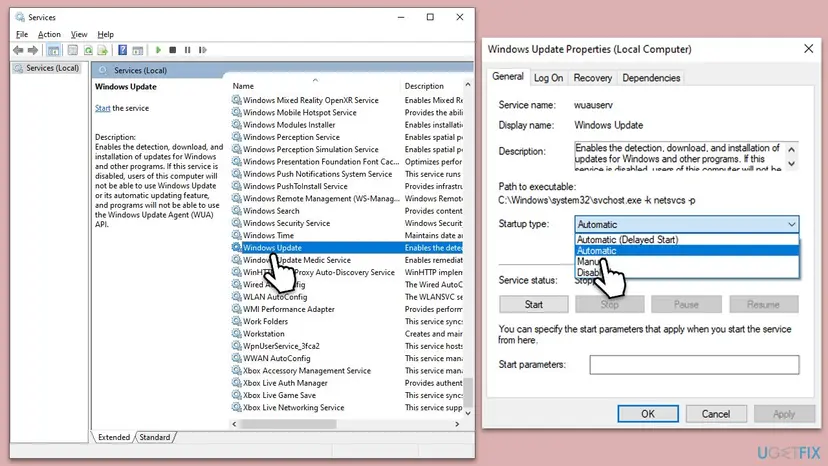 Windows 10 Services window with a service selected and its Properties dialog open on the General tab, with the Startup type list showing Automatic, Manual and Disabled