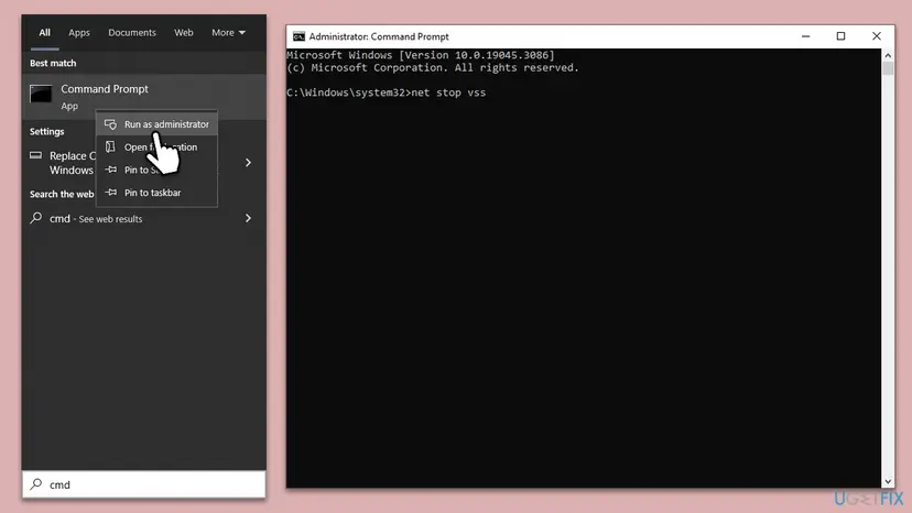 Windows 10 search with Command Prompt and Run as administrator selected, next to an Administrator Command Prompt with net stop vss typed