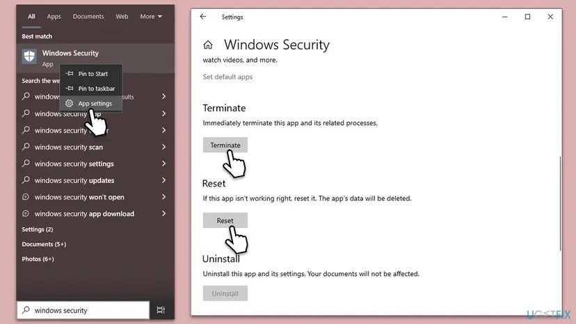 Windows 10 search for Windows Security with App settings selected, and the Windows Security settings page with Terminate and Reset buttons