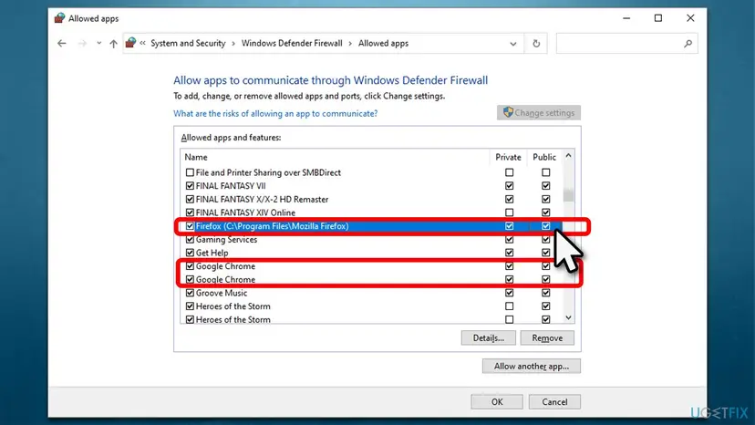 Allowed apps list of Windows Defender Firewall with the entries Firefox and Google Chrome marked and their Private and Public boxes ticked