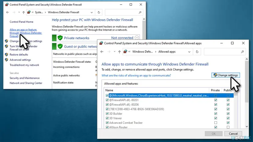 Windows Defender Firewall in Control Panel with the link Allow an app or feature through Windows Defender Firewall and the Allowed apps window with the Change settings button