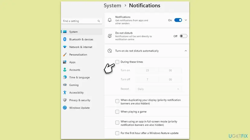 Windows 11 Settings, System, Notifications with Turn on do not disturb automatically expanded and the boxes for times, duplicating the display, games, full-screen apps and feature updates