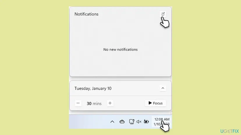 Windows 11 notification center opened from the clock with the Do not disturb bell icon with zZ at the top right and the Focus timer below