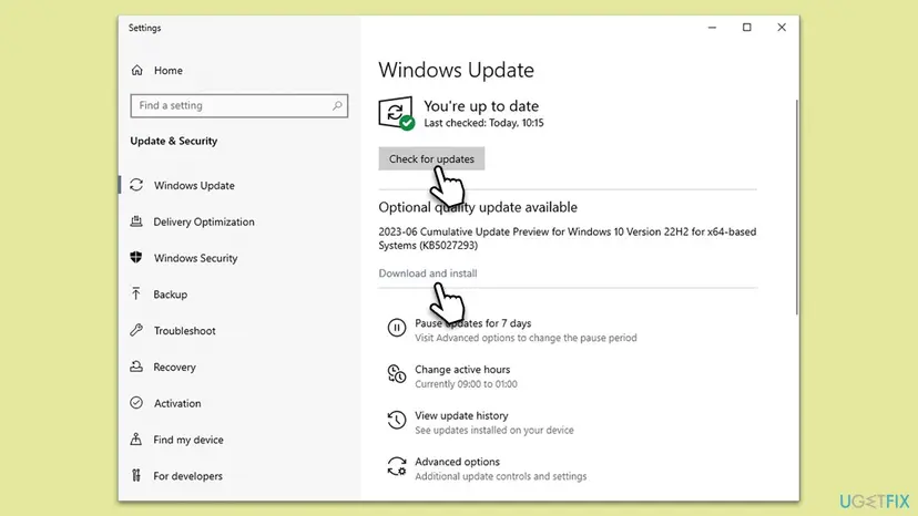 Windows 10 Settings on the Windows Update page with the Check for updates button and an optional cumulative update offered for download