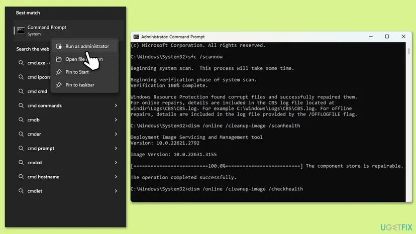 Start menu with Command Prompt and Run as administrator, next to an administrator Command Prompt after sfc /scannow and DISM ScanHealth