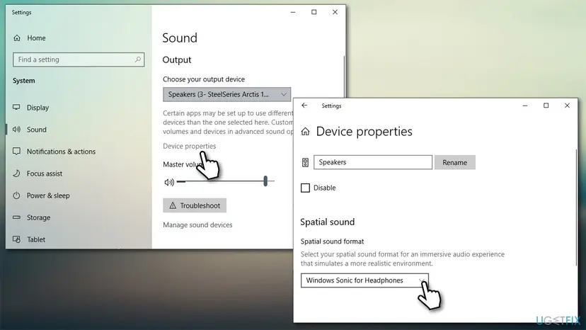 Windows 10 Sound settings with Device properties open and the Spatial sound format menu set to Windows Sonic for Headphones