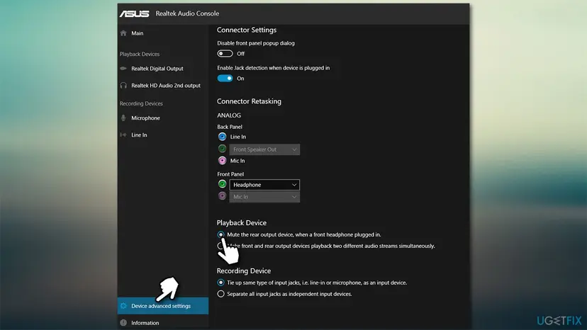 Realtek Audio Console on an ASUS PC with Device advanced settings open and the option to mute the rear output when front headphones are plugged in selected