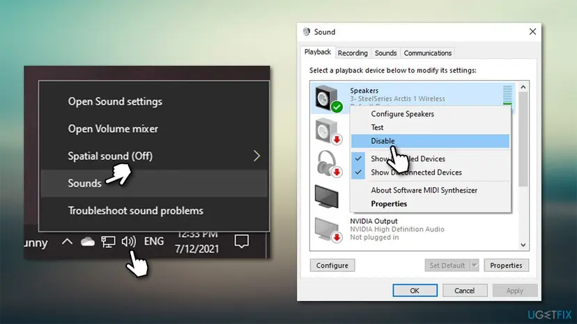 Windows 10 taskbar sound menu with Sounds selected and the Sound window Playback tab where the speakers are being disabled