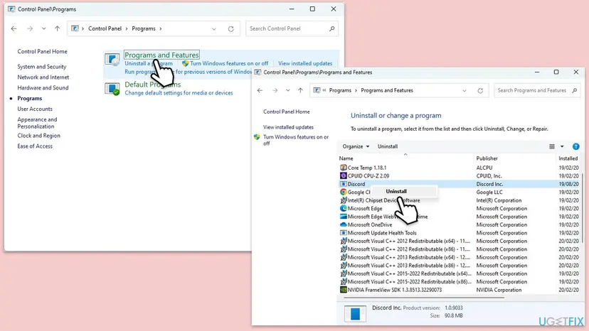 Control Panel Programs and Features list with Uninstall or change a program and the Uninstall option open on one entry