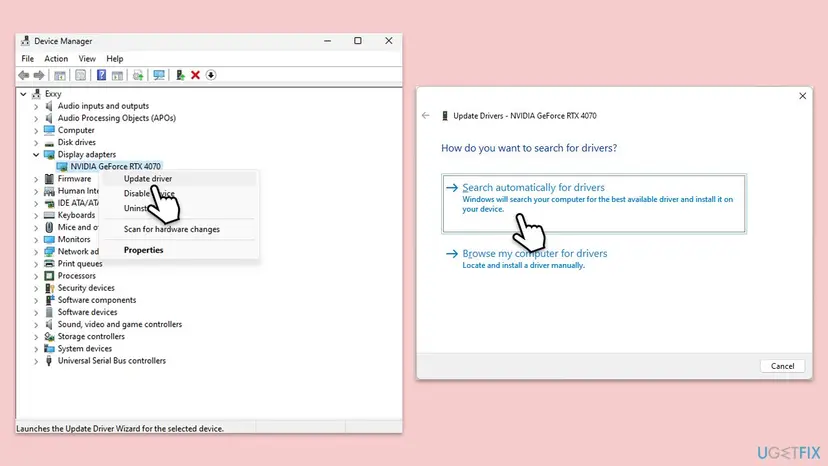 Device Manager with Display adapters expanded and Update driver selected on an NVIDIA GeForce card, next to Search automatically for drivers