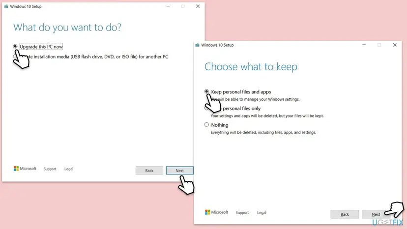 Windows 10 Setup windows: What do you want to do with Upgrade this PC now selected, and Choose what to keep with Keep personal files and apps selected
