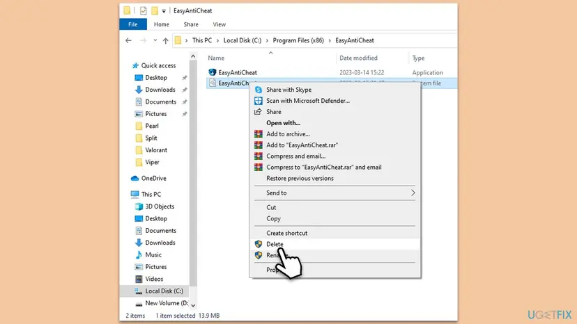 File Explorer open at C:\Program Files (x86)\EasyAntiCheat with EasyAntiCheat.exe and the EasyAntiCheat.sys system file, and a right-click menu open at Delete
