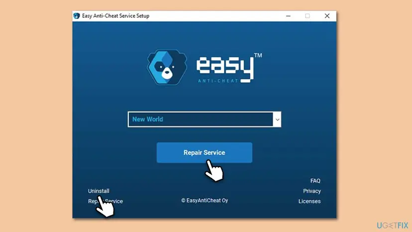 Easy Anti-Cheat Service Setup window with a game chosen in the drop-down list, a large Repair Service button and Uninstall and Repair Service links at the bottom left