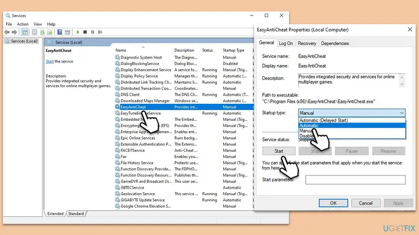 Windows Services list with the EasyAntiCheat service selected and its Properties window showing the path C:\Program Files (x86)\EasyAntiCheat\EasyAntiCheat.exe and the Startup type list