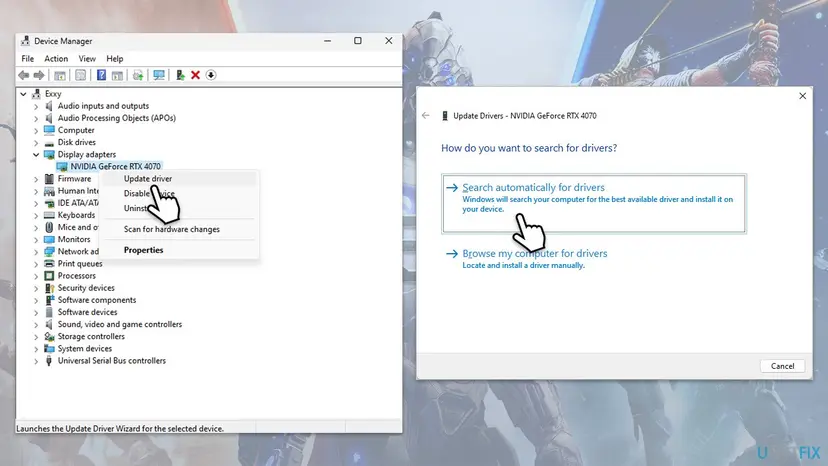 Device Manager with Display adapters expanded, Update driver chosen for an NVIDIA GeForce RTX 4070, and the Search automatically for drivers option