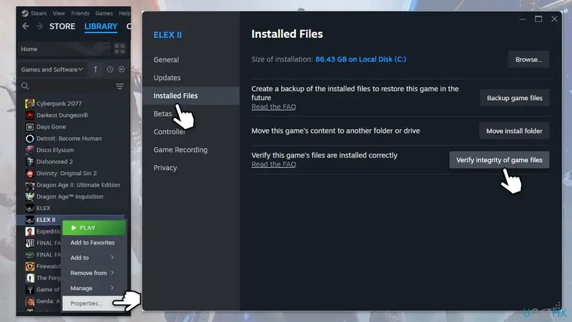 Steam Library with Properties chosen for ELEX II and the Installed Files page showing the Verify integrity of game files button