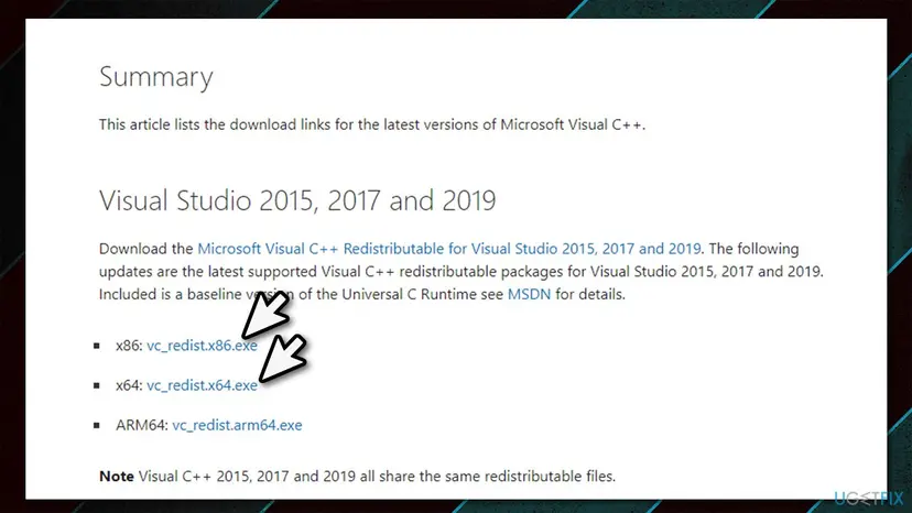 Microsoft Visual C++ Redistributable download page showing the x86 and x64 links