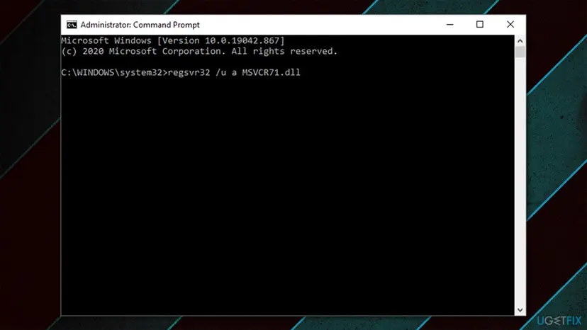 Administrator Command Prompt window with a regsvr32 command typed to unregister a DLL file