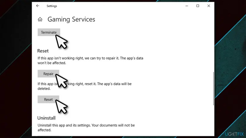Windows Settings showing the Terminate, Repair and Reset buttons in the advanced options of an app