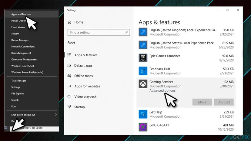 Windows Settings showing Apps and features with Advanced options selected under an app