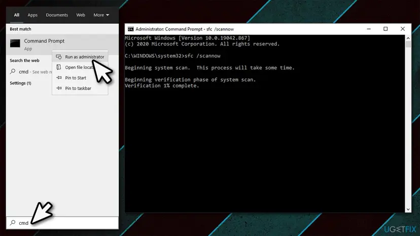 Command Prompt search result with Run as administrator and the sfc /scannow command running in the window