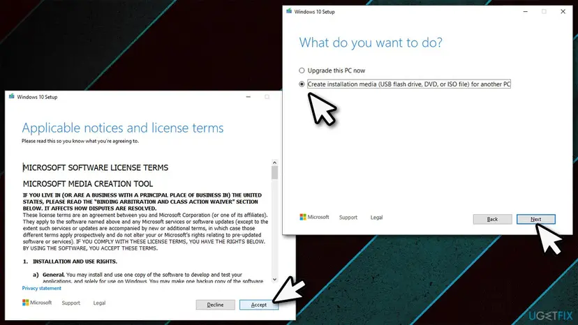 Windows 10 Setup showing the license terms and the Create installation media option
