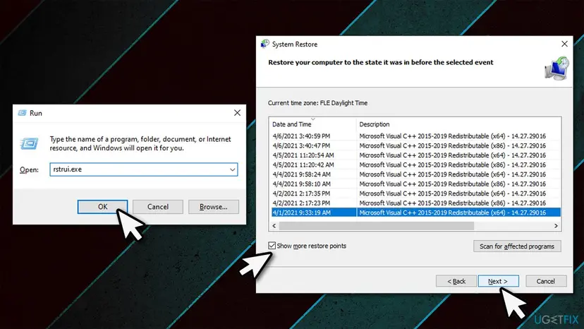 Windows Run dialog opening rstrui.exe next to the System Restore list of restore points