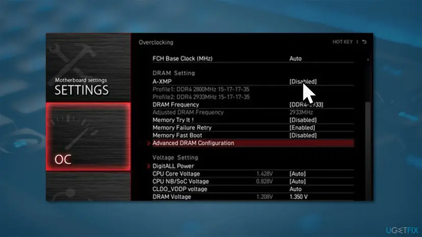 BIOS Overclocking screen of an AMD motherboard with the A-XMP memory profile option set to Disabled under DRAM Setting