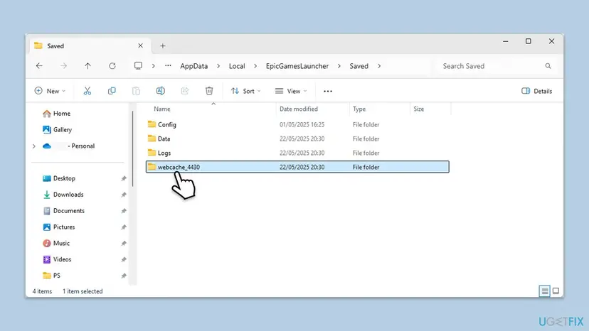File Explorer open at AppData Local EpicGamesLauncher Saved with the folders Config, Data, Logs and webcache_4430 selected